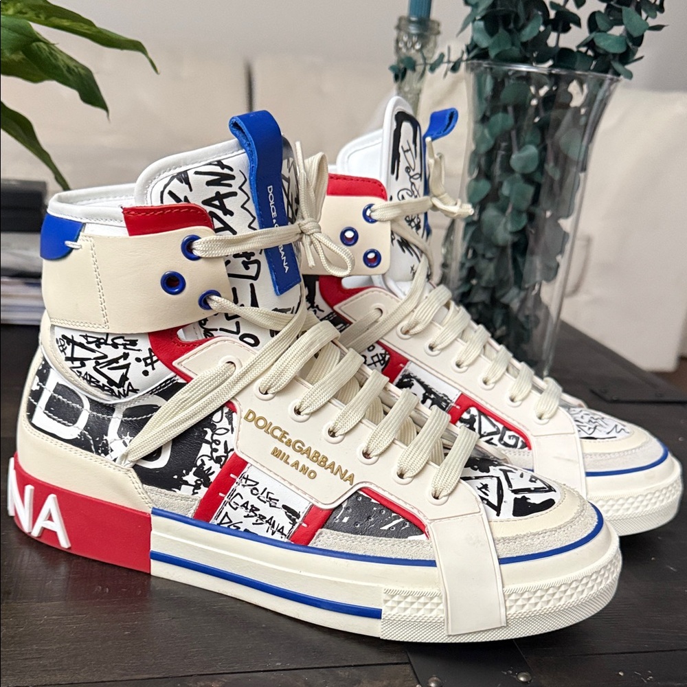 Dolce & Gabbana Graphic High-Tops in Cream, Red, and Blue